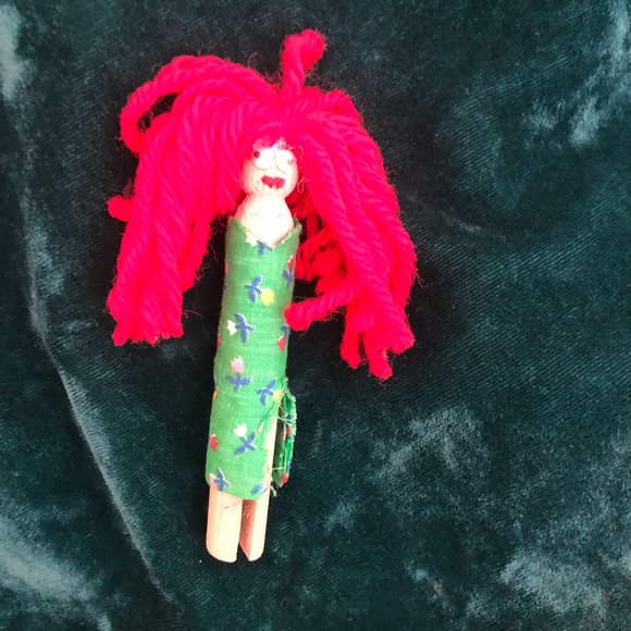 Clothes Pin Doll RED HAIR Green Dress Cleavage Collectible Vintage Googly Eyes - Picture 1 of 4